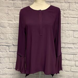 Chico's Deep Purple Hi Low Blouse with Pleated Bell Sleeves Size L